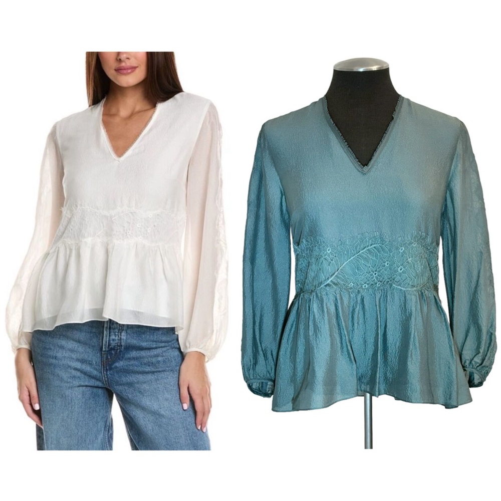 3.1 Phillip Lim – V-Neck Blouson Sleeve Silk Lace Top (Teal) – Size 0